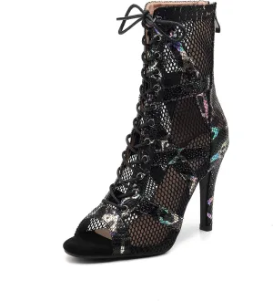 HROYL Peep Toe Lace Up Mesh Ankle Boots Sexy Dancing Boots Women Latin Ballroom Ankle Dance Shoes,DS-K100