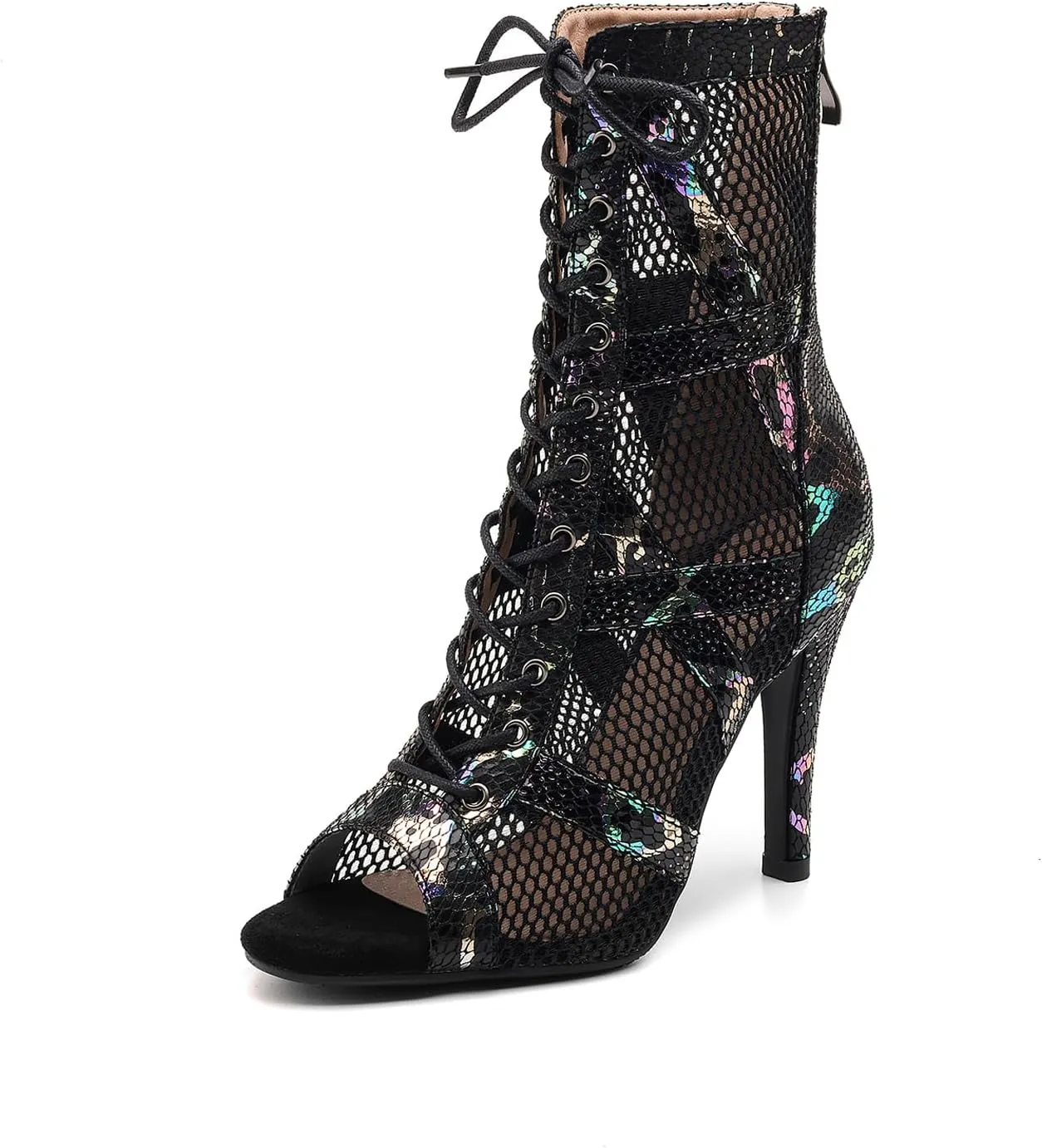 HROYL Peep Toe Lace Up Mesh Ankle Boots Sexy Dancing Boots Women Latin Ballroom Ankle Dance Shoes,DS-K100