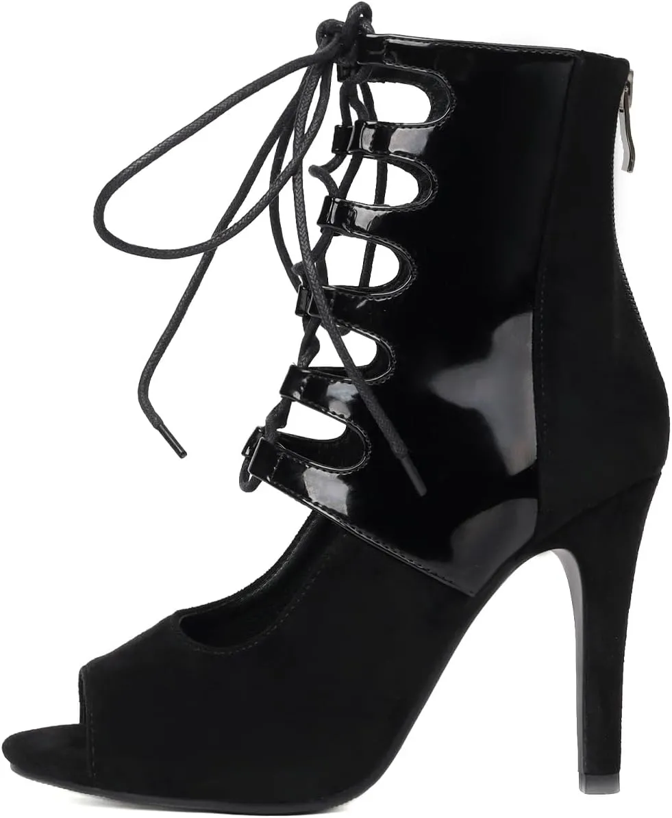 HROYL Women's Ballroom Latin Salsa Dance Shoes Lace-up Open-Toe Dance Boots Professional Dance Heels for Women,DS-J27