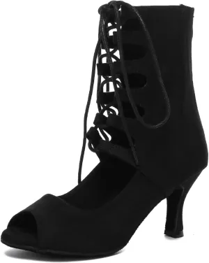 HROYL Women's Ballroom Latin Salsa Dance Shoes Lace-up Open-Toe Dance Boots Professional Dance Heels for Women,DS-J27