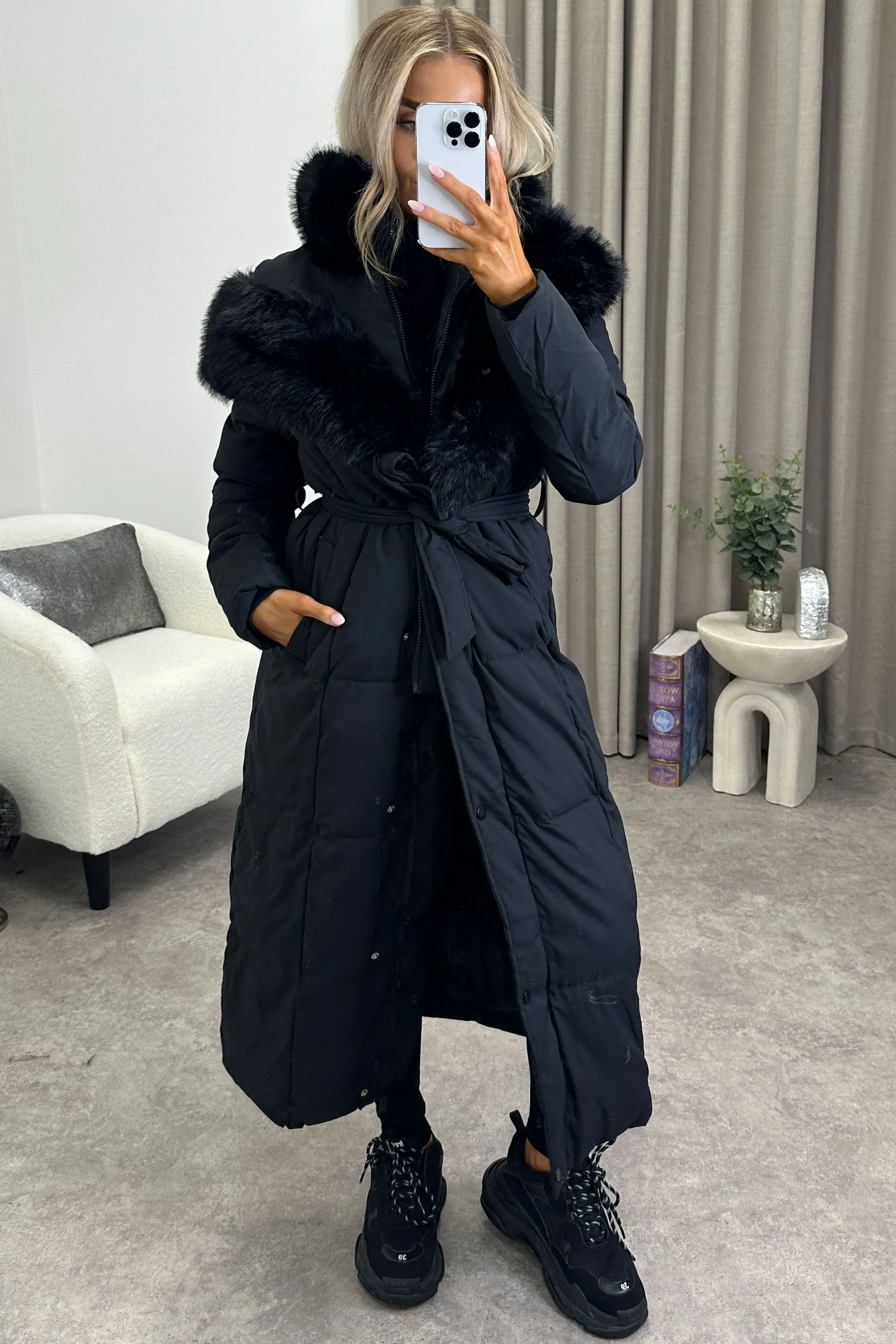 Ilayda Black Faux Fur Hooded Longline Belted Puffer Coat