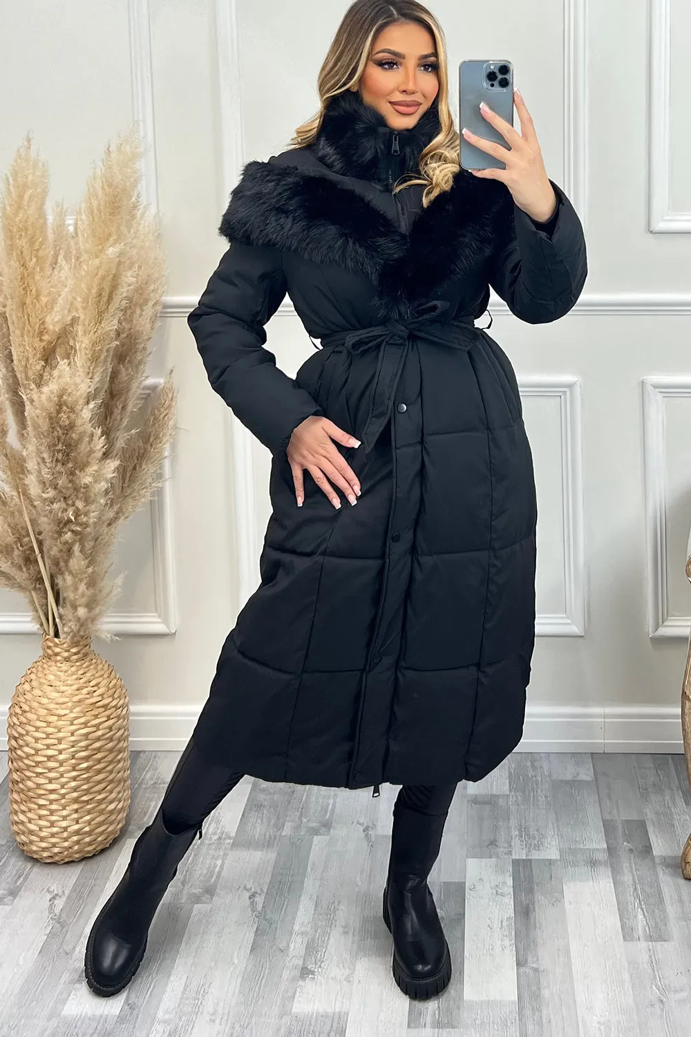 Ilayda Black Faux Fur Hooded Longline Belted Puffer Coat