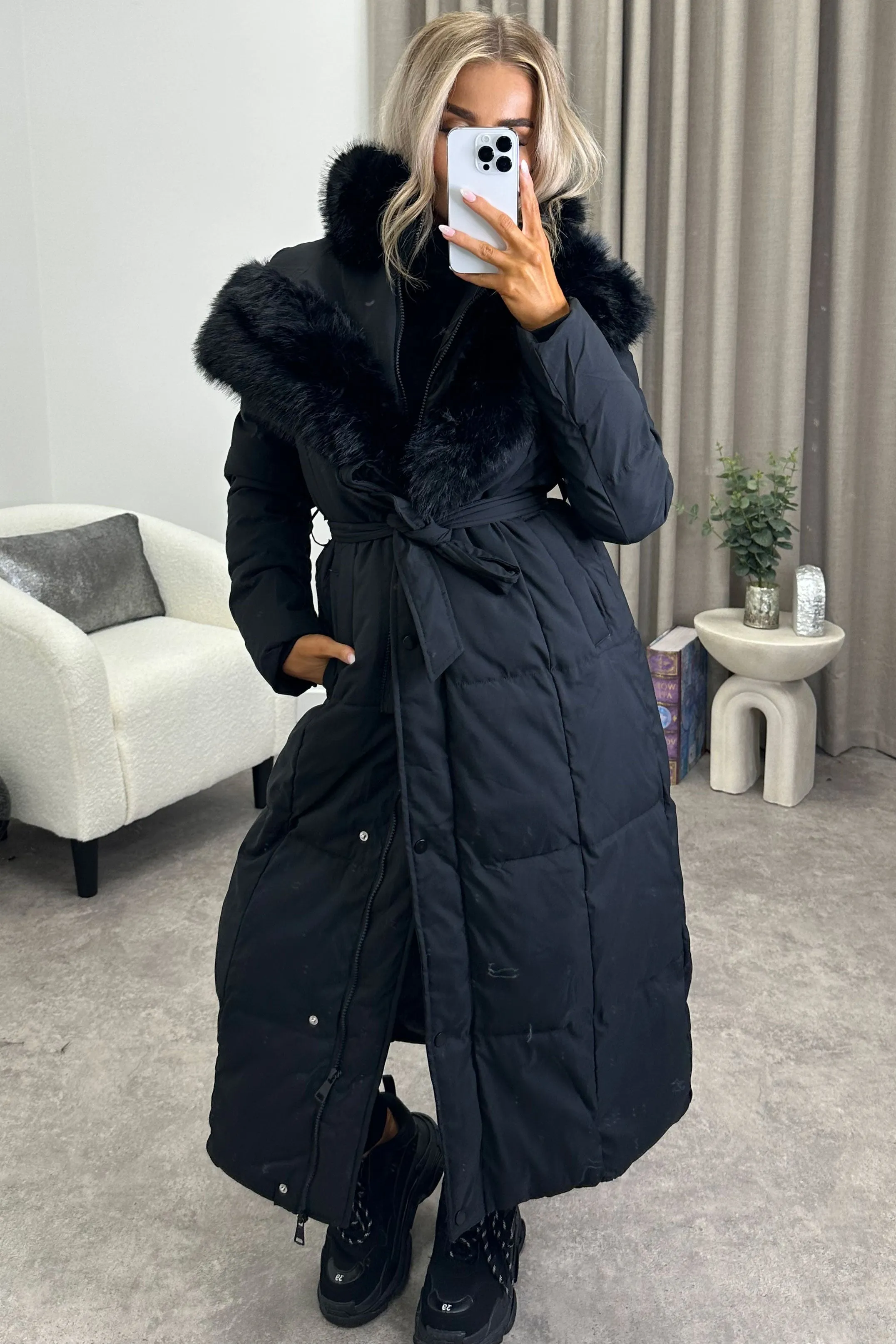 Ilayda Black Faux Fur Hooded Longline Belted Puffer Coat