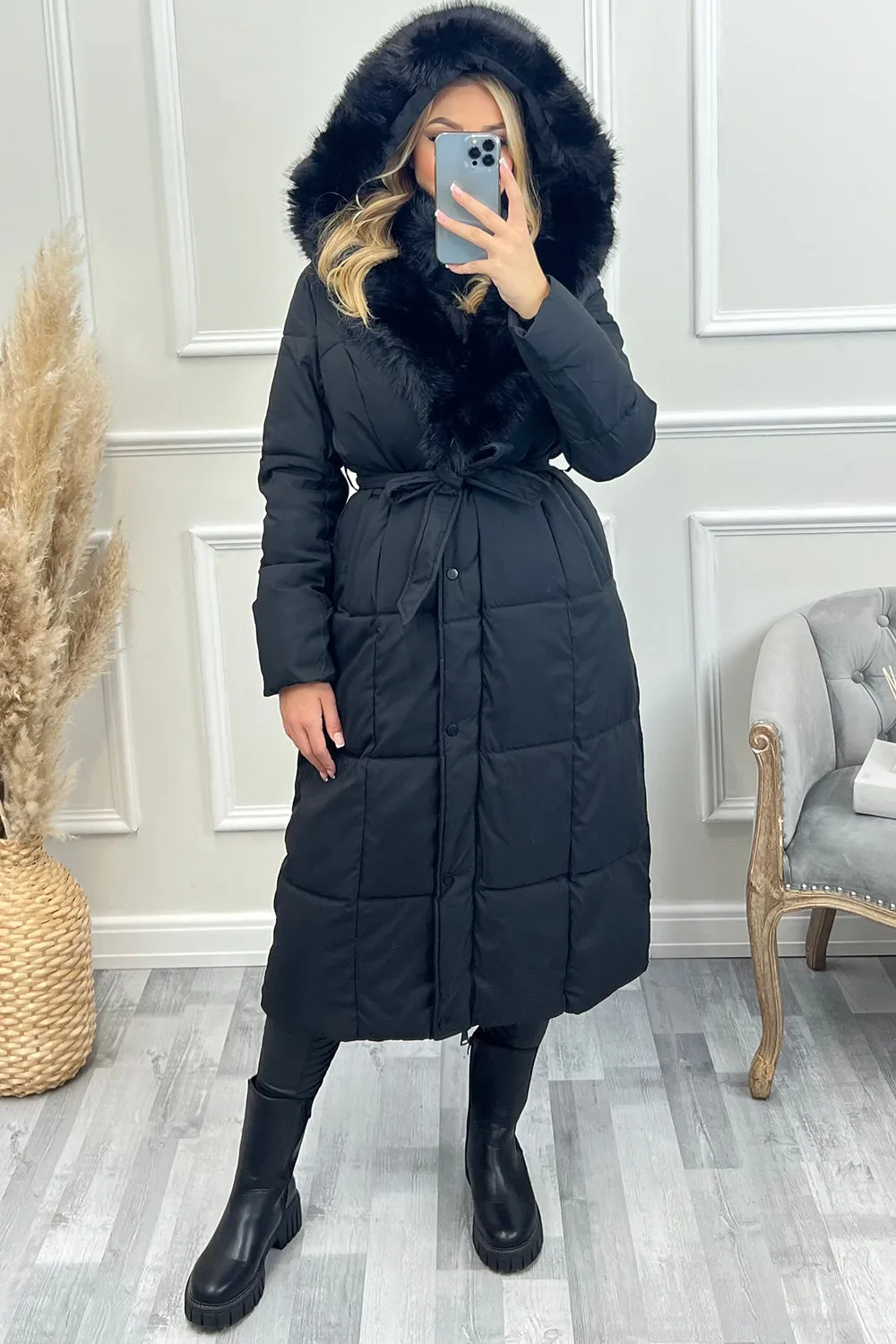Ilayda Black Faux Fur Hooded Longline Belted Puffer Coat