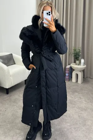 Ilayda Black Faux Fur Hooded Longline Belted Puffer Coat