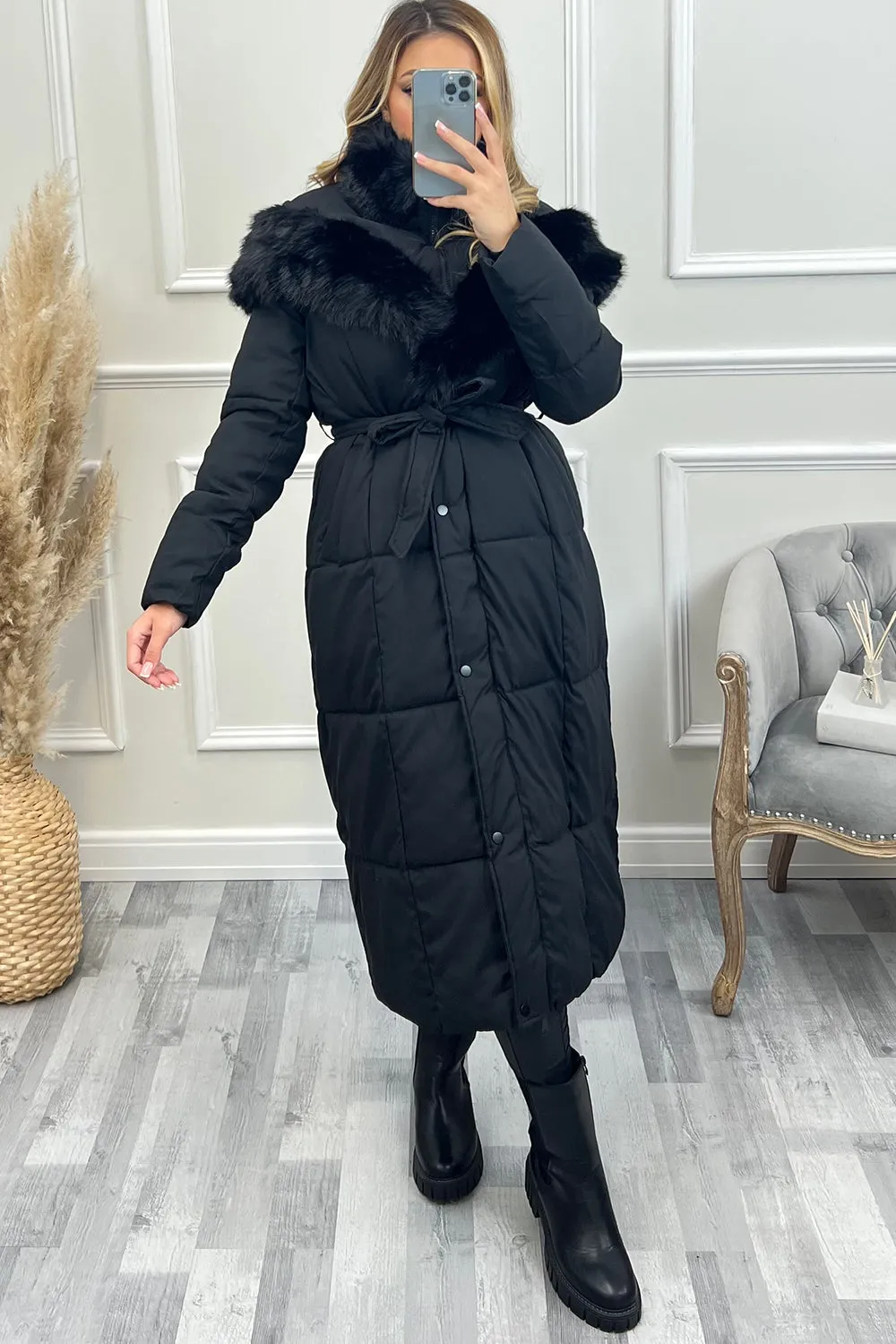 Ilayda Black Faux Fur Hooded Longline Belted Puffer Coat