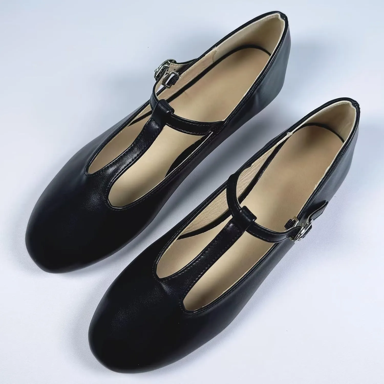 INEELUYI Women's PU Leather Mary Janes Flats Shoes T-Strap Buckle Round Toe Flats Shoes Casual Dressy Ballerina Shoes