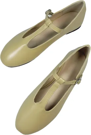 INEELUYI Women's PU Leather Mary Janes Flats Shoes T-Strap Buckle Round Toe Flats Shoes Casual Dressy Ballerina Shoes