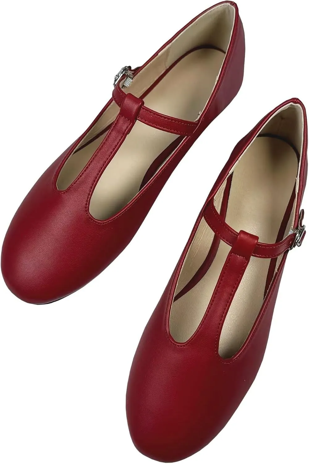 INEELUYI Women's PU Leather Mary Janes Flats Shoes T-Strap Buckle Round Toe Flats Shoes Casual Dressy Ballerina Shoes