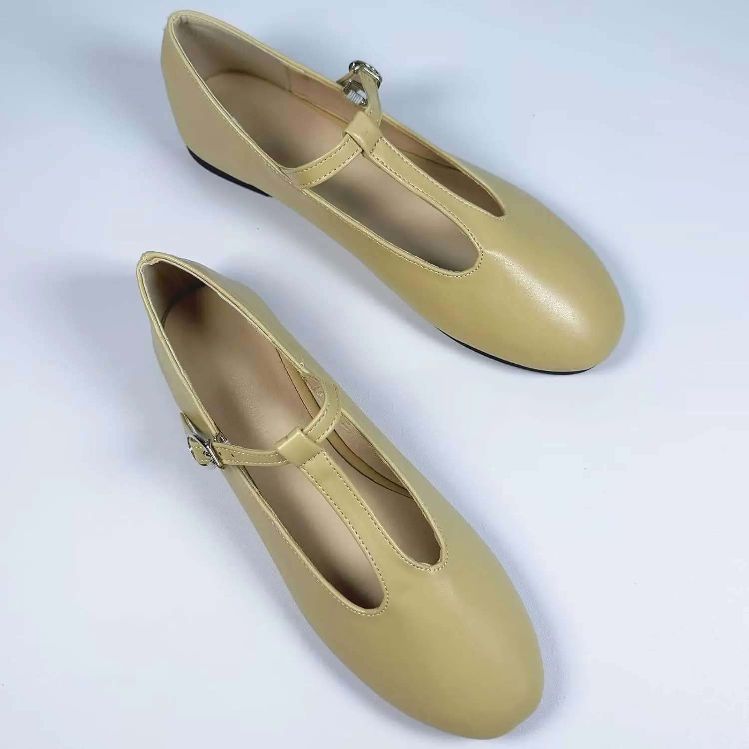 INEELUYI Women's PU Leather Mary Janes Flats Shoes T-Strap Buckle Round Toe Flats Shoes Casual Dressy Ballerina Shoes