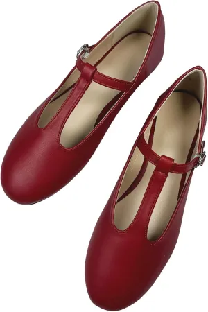 INEELUYI Women's PU Leather Mary Janes Flats Shoes T-Strap Buckle Round Toe Flats Shoes Casual Dressy Ballerina Shoes