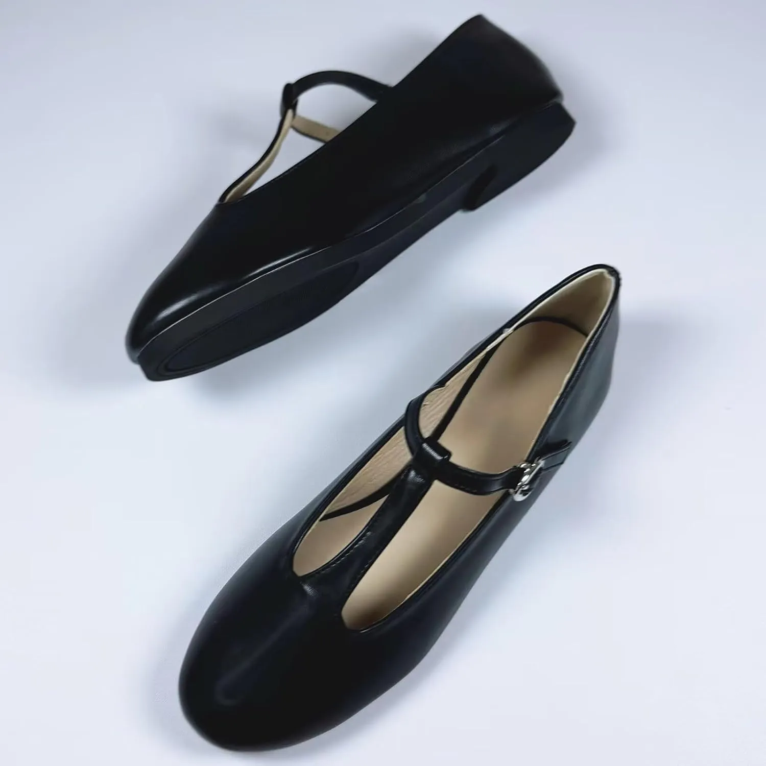 INEELUYI Women's PU Leather Mary Janes Flats Shoes T-Strap Buckle Round Toe Flats Shoes Casual Dressy Ballerina Shoes