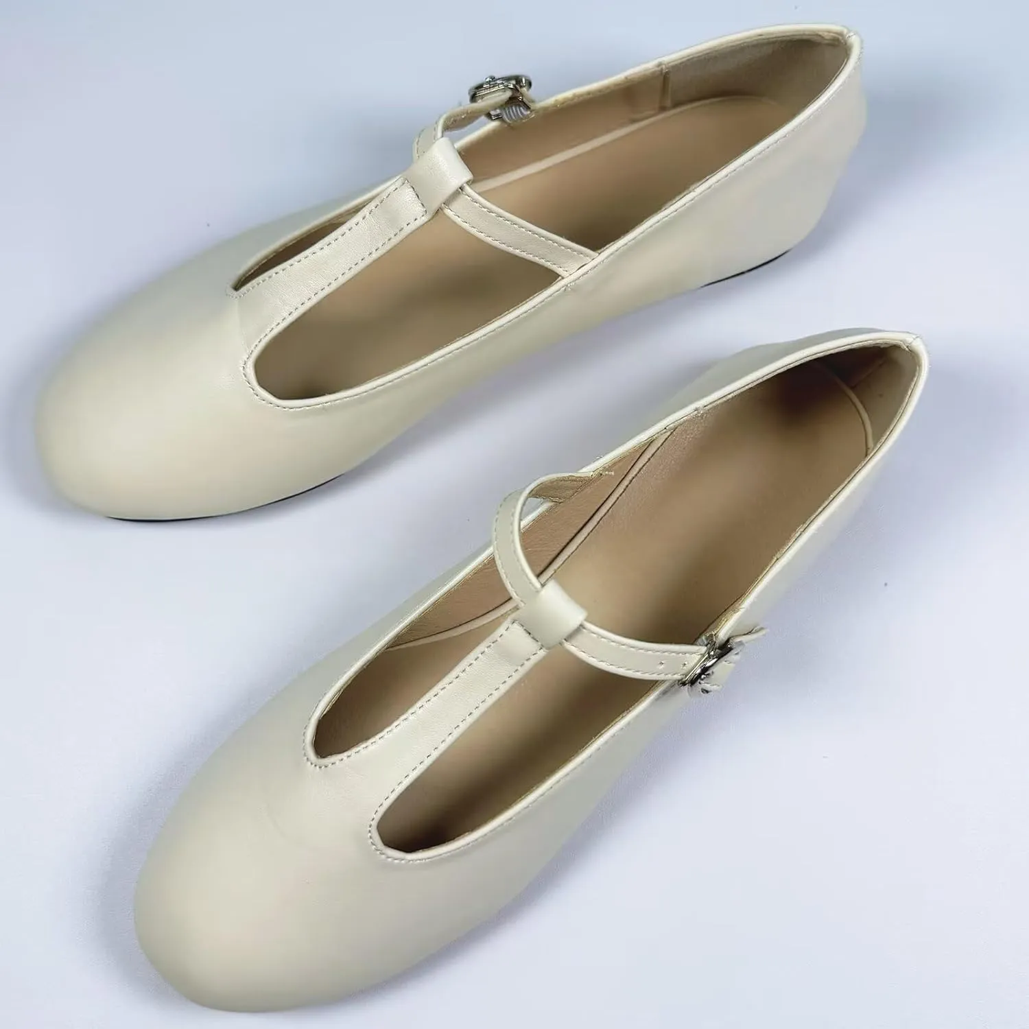 INEELUYI Women's PU Leather Mary Janes Flats Shoes T-Strap Buckle Round Toe Flats Shoes Casual Dressy Ballerina Shoes