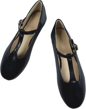 INEELUYI Women's PU Leather Mary Janes Flats Shoes T-Strap Buckle Round Toe Flats Shoes Casual Dressy Ballerina Shoes
