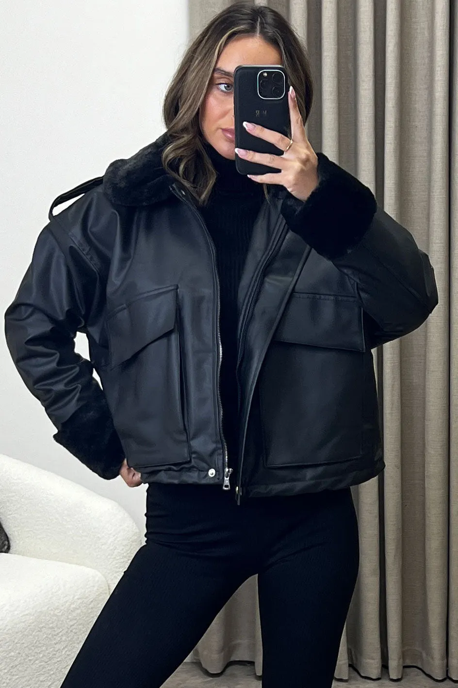 Kenya Black Faux Leather PU Faux Fur Zip Up Jacket