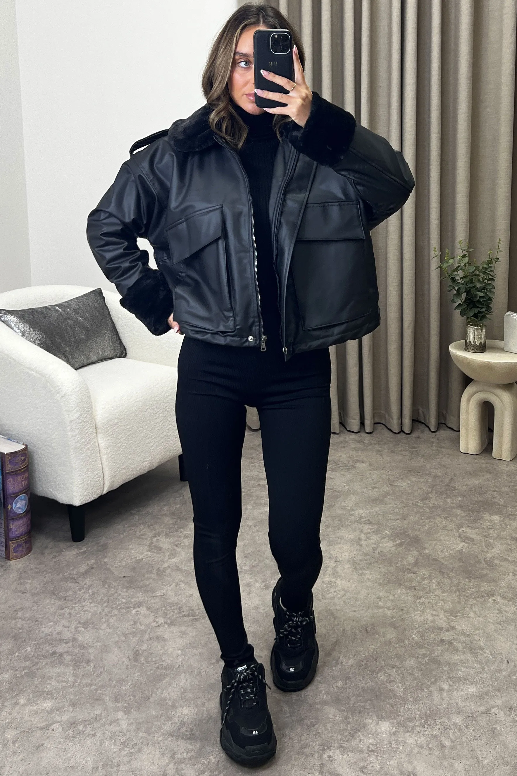 Kenya Black Faux Leather PU Faux Fur Zip Up Jacket