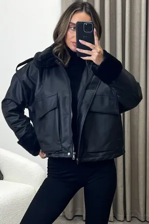 Kenya Black Faux Leather PU Faux Fur Zip Up Jacket