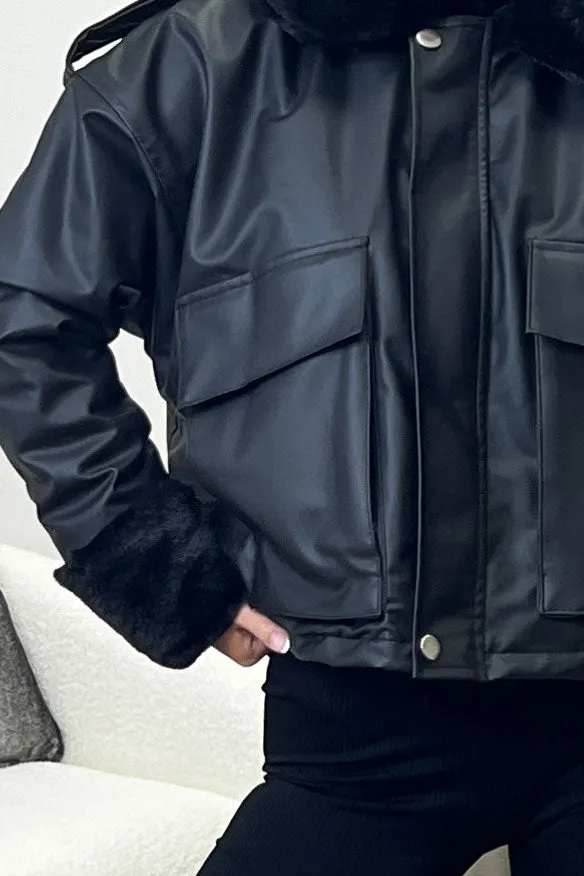 Kenya Black Faux Leather PU Faux Fur Zip Up Jacket