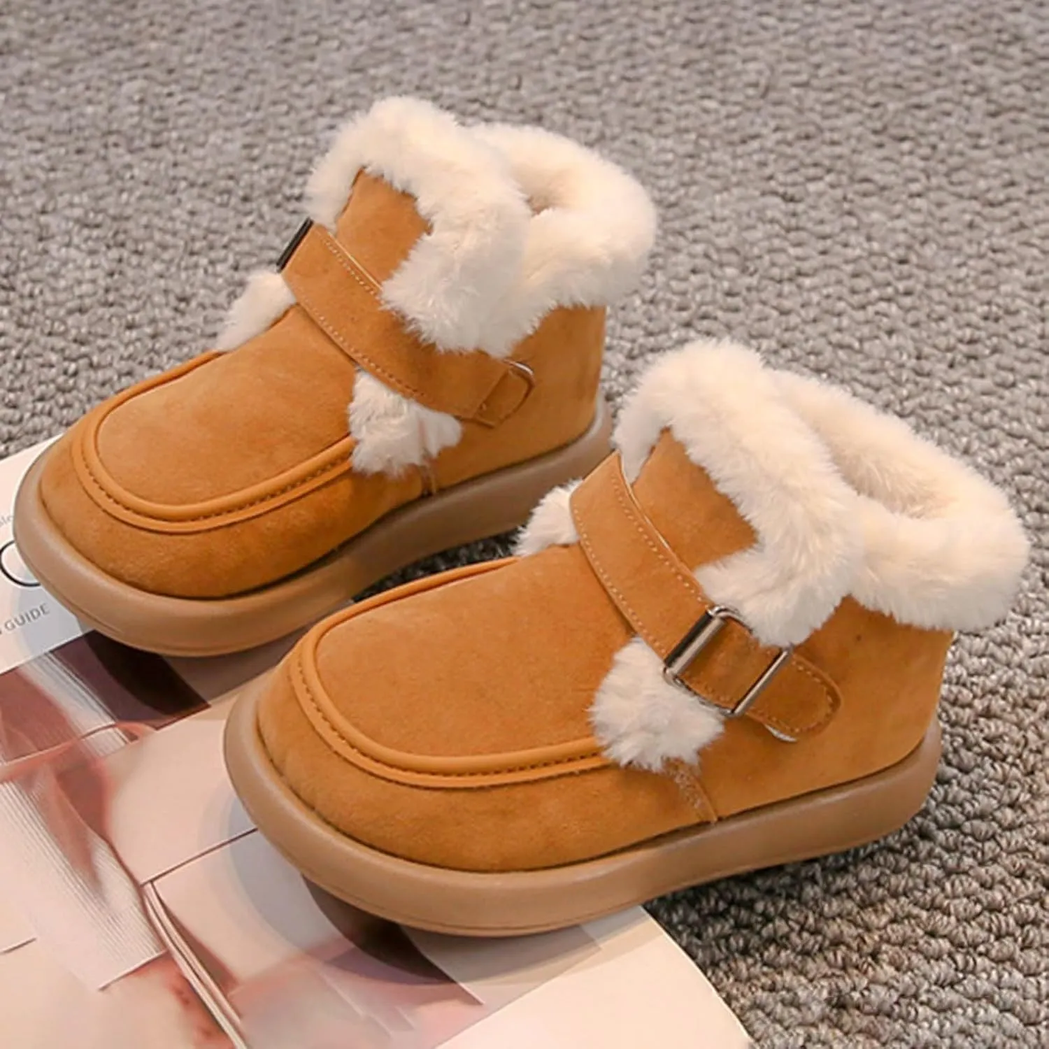 Kids Furry Warm Winter Ankle Boots Boys Girls Cozy Fleece Plush Soft Fuzzy Fr Collar Casual Boots for Toddler Boys