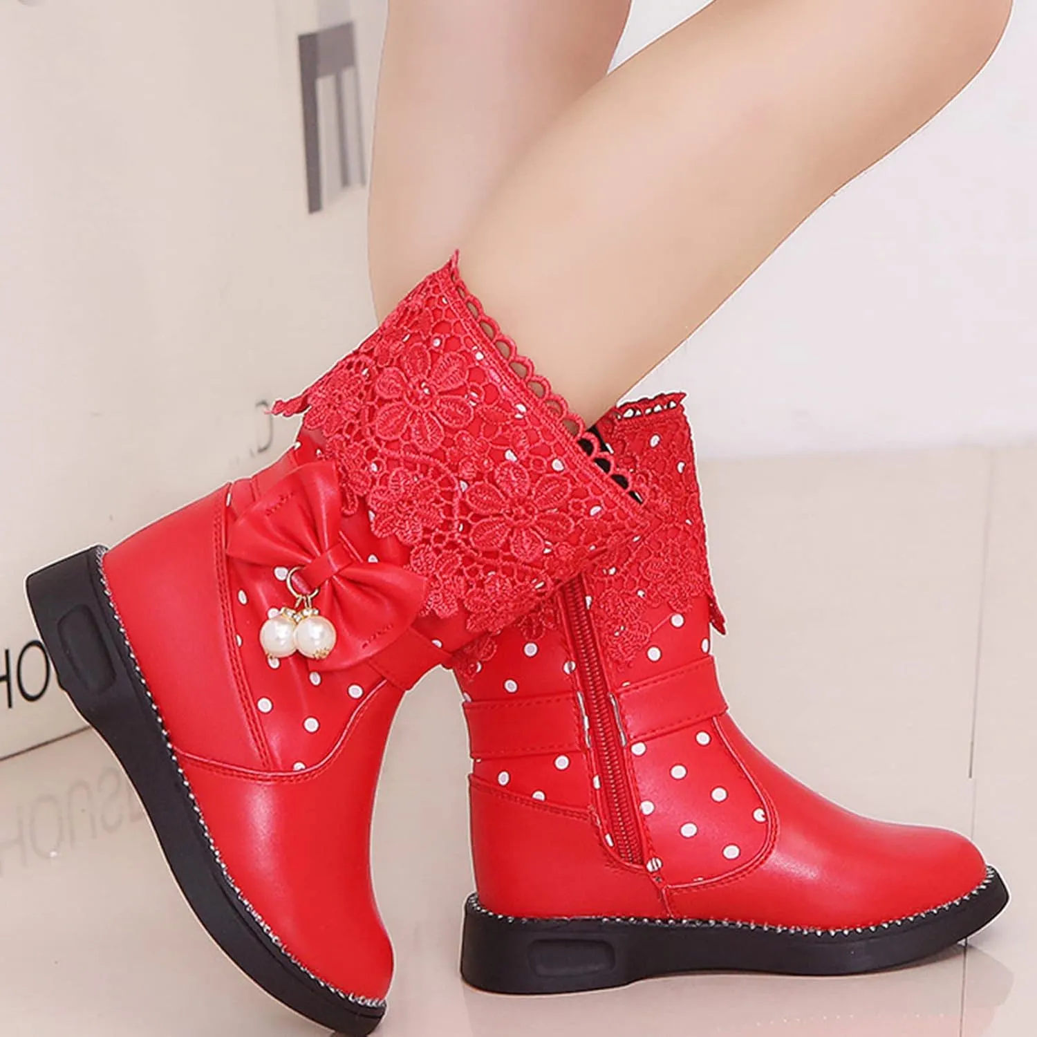 Kids Girls Boots With Bows Baby Toddler Mid Length Outdoor Slip On Boots Childrens Leather Lightweight Cozy Flat Shoes