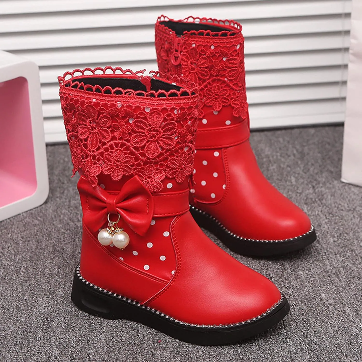 Kids Girls Boots With Bows Baby Toddler Mid Length Outdoor Slip On Boots Childrens Leather Lightweight Cozy Flat Shoes