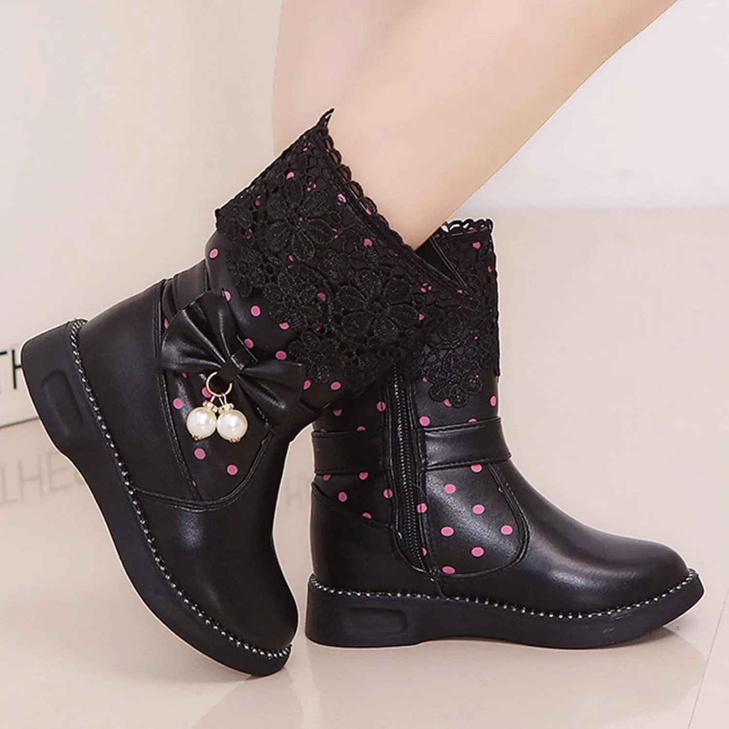 Kids Girls Boots With Bows Baby Toddler Mid Length Outdoor Slip On Boots Childrens Leather Lightweight Cozy Flat Shoes