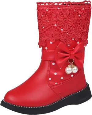 Kids Girls Boots With Bows Baby Toddler Mid Length Outdoor Slip On Boots Childrens Leather Lightweight Cozy Flat Shoes