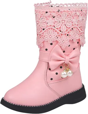 Kids Girls Boots With Bows Baby Toddler Mid Length Outdoor Slip On Boots Childrens Leather Lightweight Cozy Flat Shoes