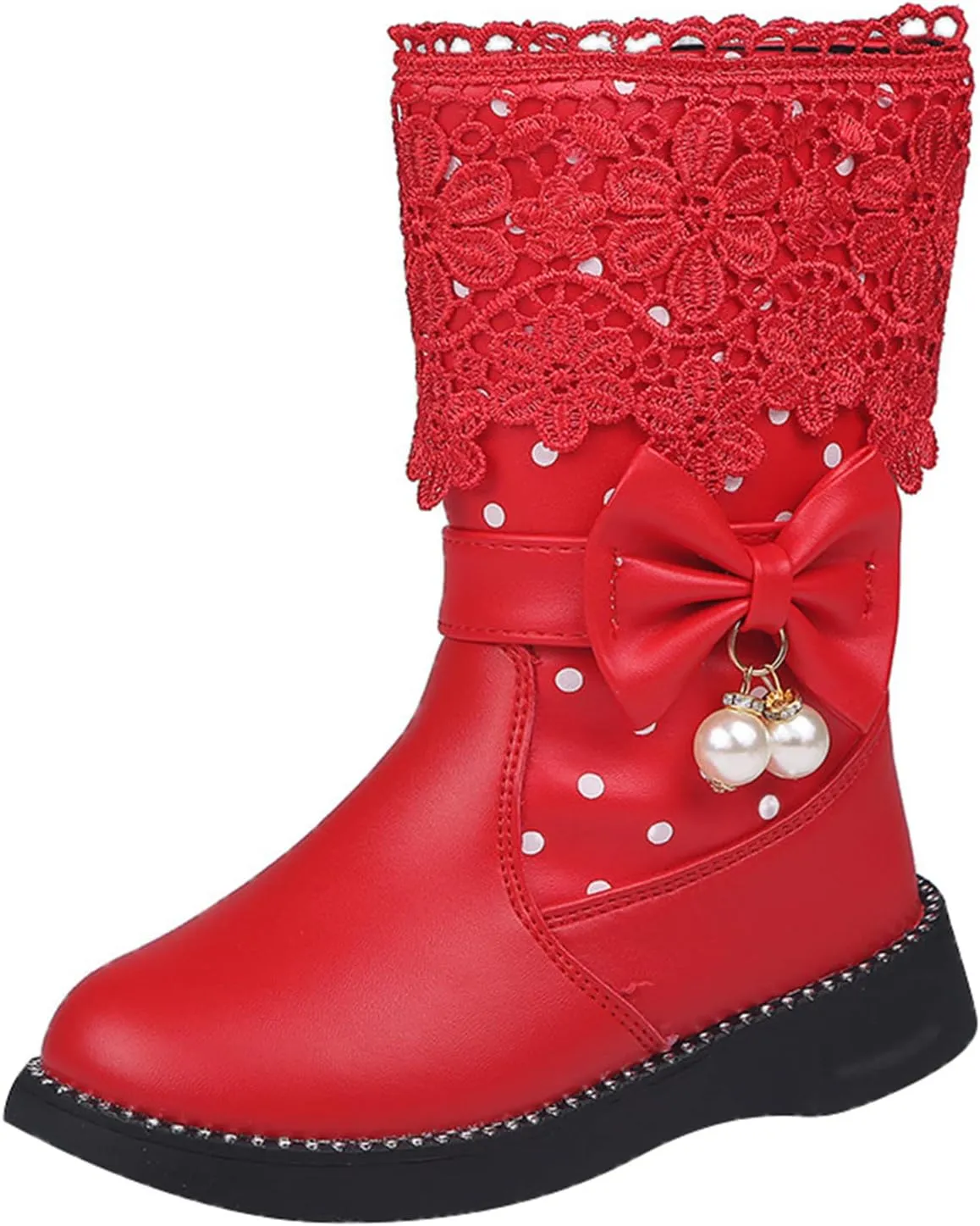 Kids Girls Boots With Bows Baby Toddler Mid Length Outdoor Slip On Boots Childrens Leather Lightweight Cozy Flat Shoes