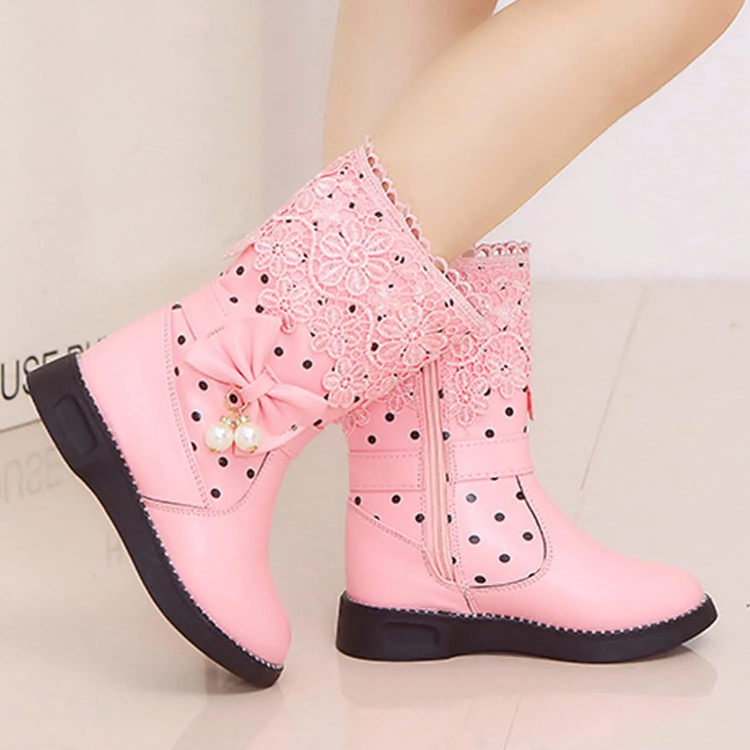Kids Girls Boots With Bows Baby Toddler Mid Length Outdoor Slip On Boots Childrens Leather Lightweight Cozy Flat Shoes