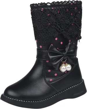 Kids Girls Boots With Bows Baby Toddler Mid Length Outdoor Slip On Boots Childrens Leather Lightweight Cozy Flat Shoes