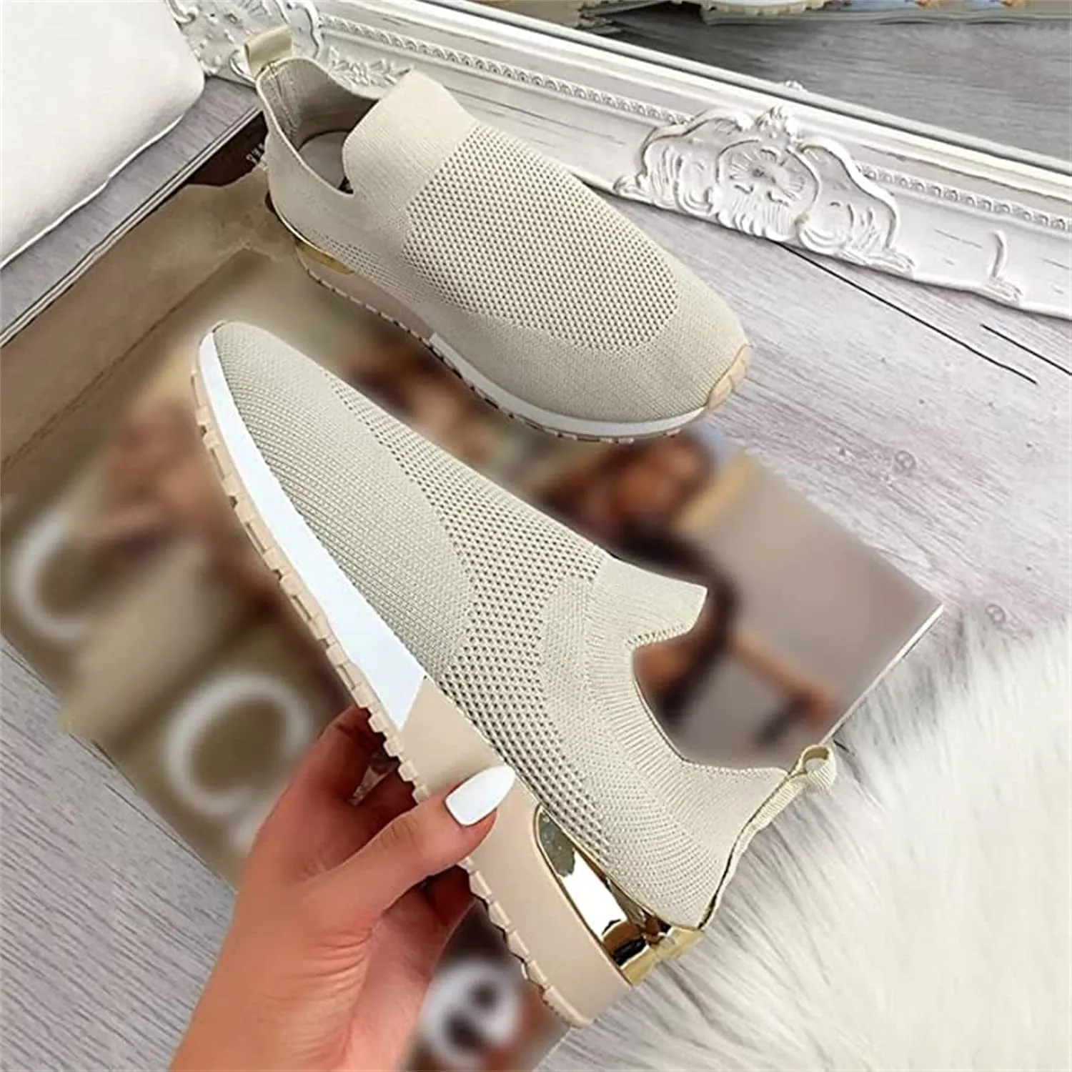 Ladmiple Shoes For Women Sneakers Trendy Walking Shoes Slip on Sock Sneakers Lady Girls Mesh Loafers Running Tennis Shoes