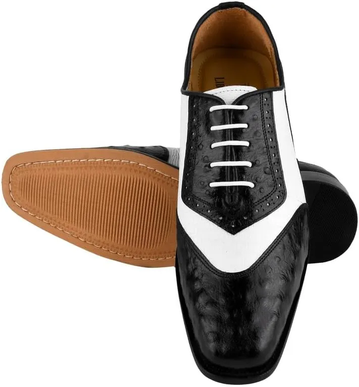 LIBERTYZENO Mens Ostrich Print Genuine Leather Adults Oxford Lace Up Dress Shoes for Prom Graduation