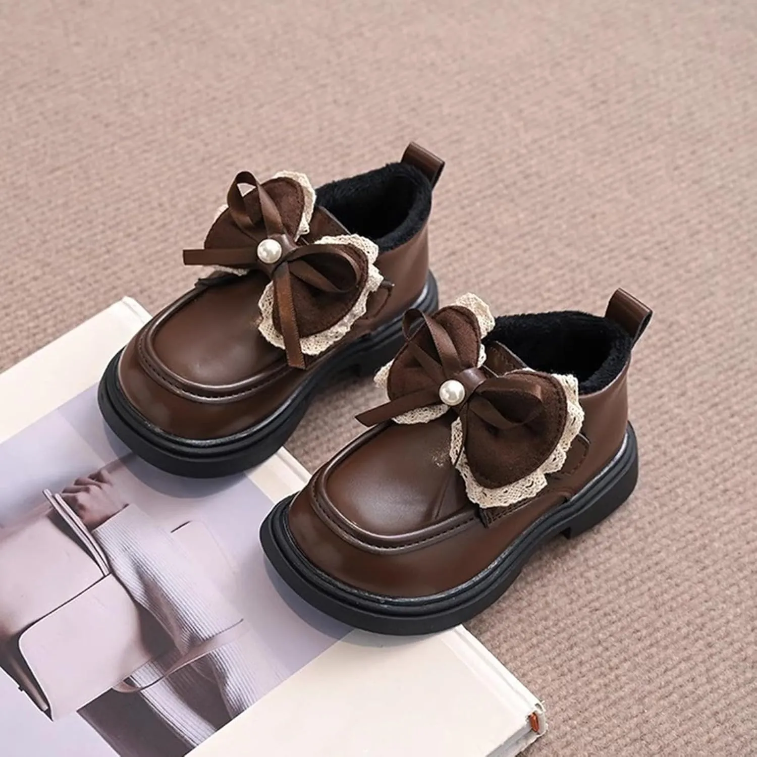 Little Girls Winter Cute Bowknot Short Dress Boot Princess Low Heel Anti Slip Comfortable Fashion Leather Shoes
