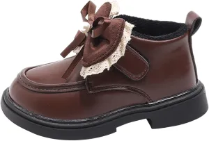 Little Girls Winter Cute Bowknot Short Dress Boot Princess Low Heel Anti Slip Comfortable Fashion Leather Shoes