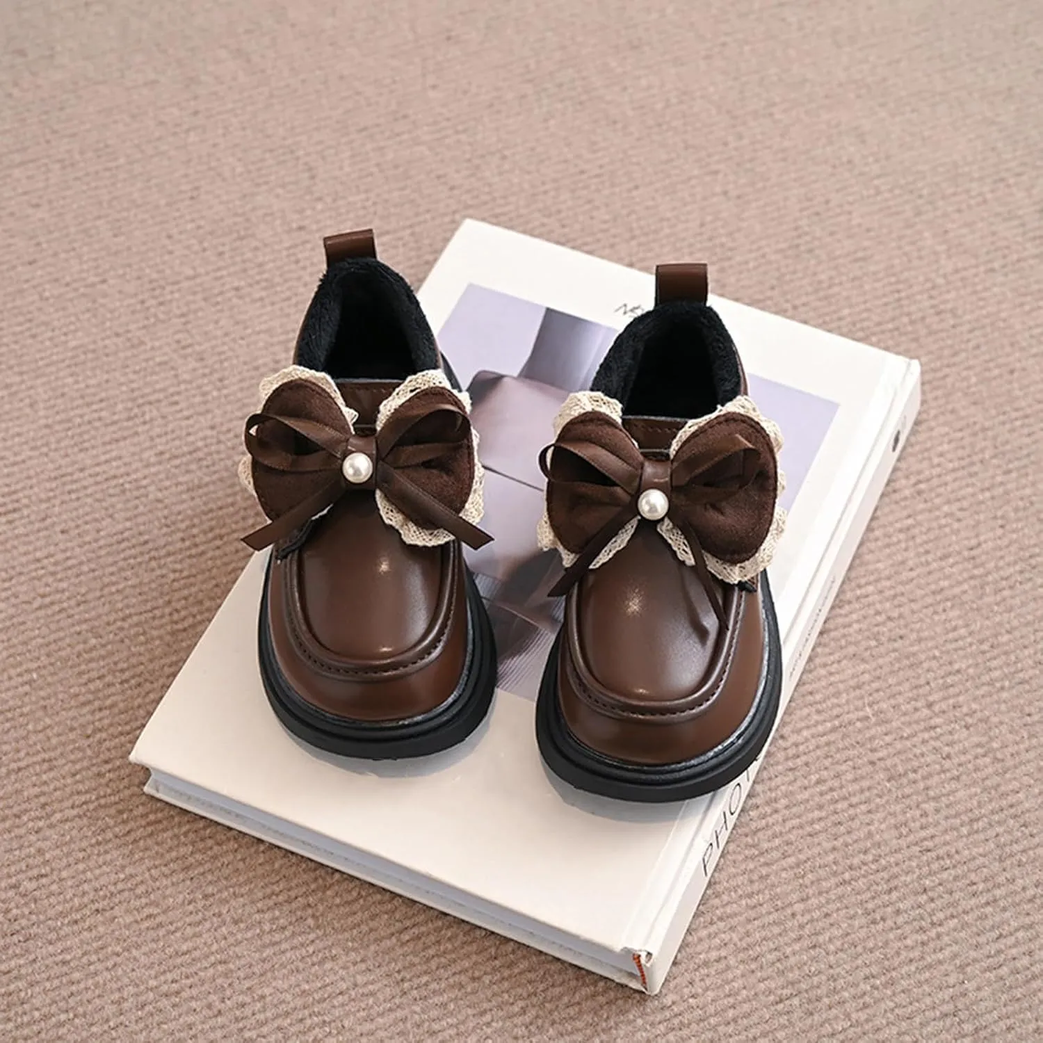 Little Girls Winter Cute Bowknot Short Dress Boot Princess Low Heel Anti Slip Comfortable Fashion Leather Shoes