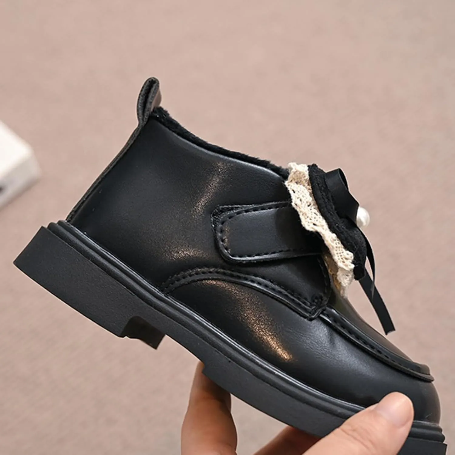 Little Girls Winter Cute Bowknot Short Dress Boot Princess Low Heel Anti Slip Comfortable Fashion Leather Shoes