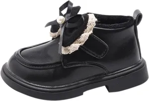Little Girls Winter Cute Bowknot Short Dress Boot Princess Low Heel Anti Slip Comfortable Fashion Leather Shoes