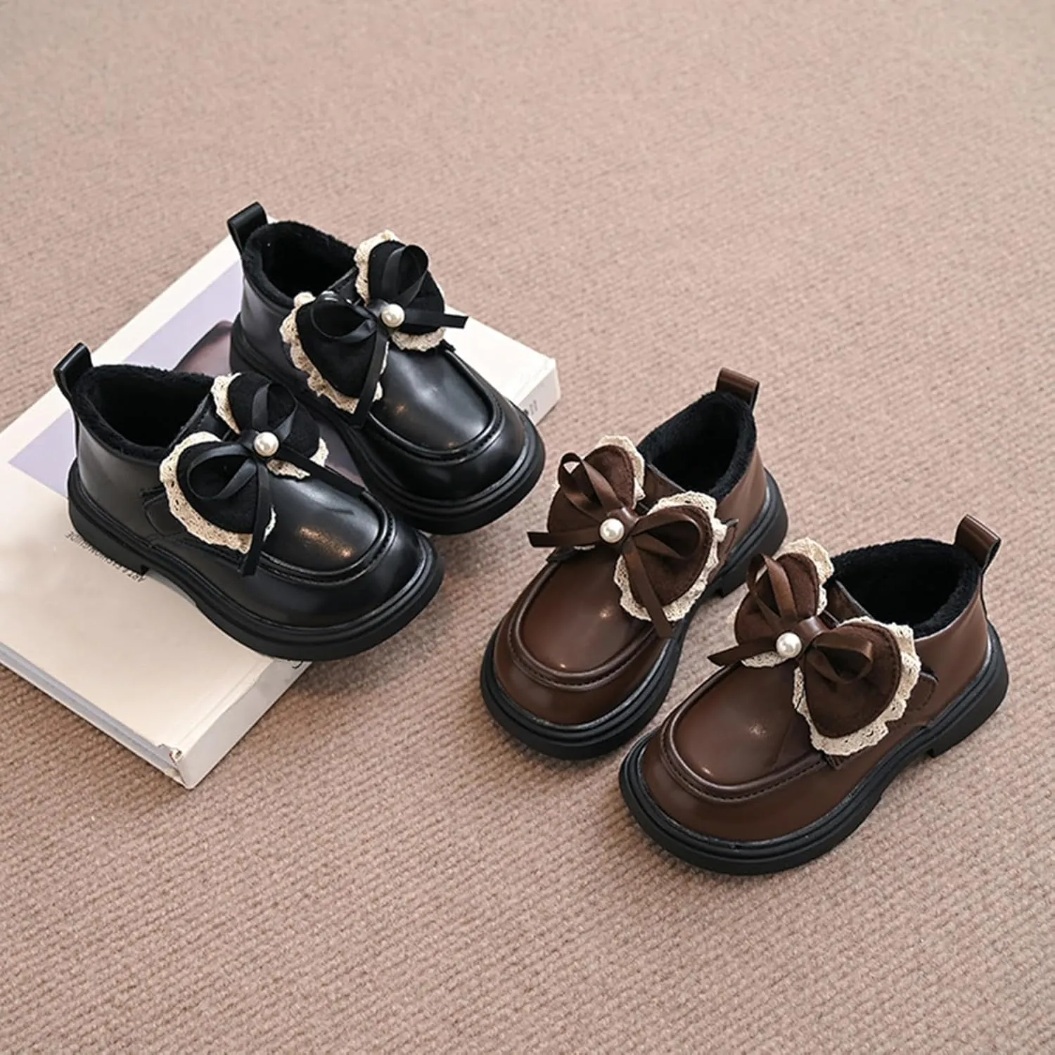 Little Girls Winter Cute Bowknot Short Dress Boot Princess Low Heel Anti Slip Comfortable Fashion Leather Shoes