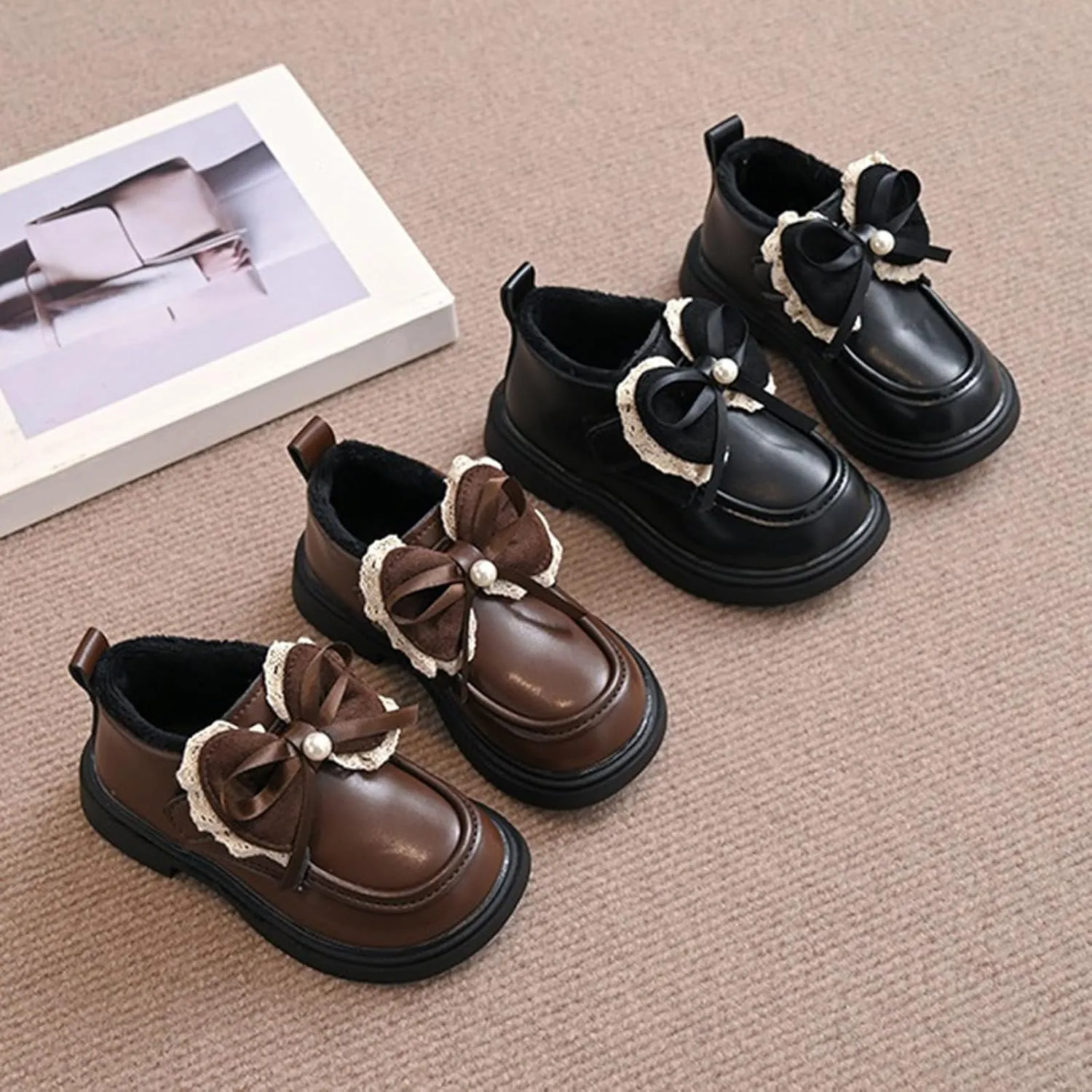 Little Girls Winter Cute Bowknot Short Dress Boot Princess Low Heel Anti Slip Comfortable Fashion Leather Shoes