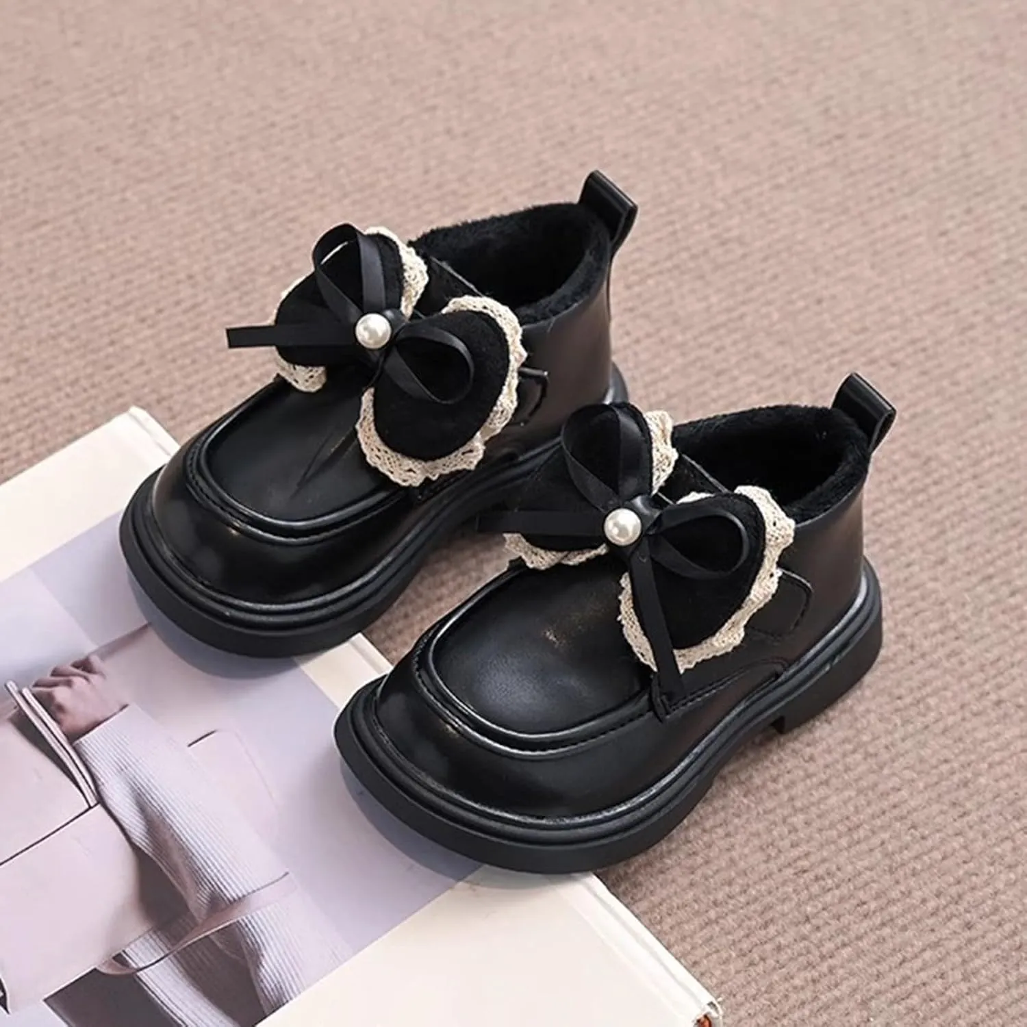Little Girls Winter Cute Bowknot Short Dress Boot Princess Low Heel Anti Slip Comfortable Fashion Leather Shoes