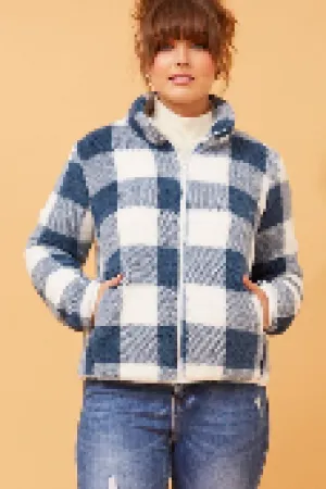 Lyn Check Teddy Fur Jacket - Indigo Blue