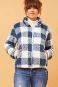 Lyn Check Teddy Fur Jacket - Indigo Blue