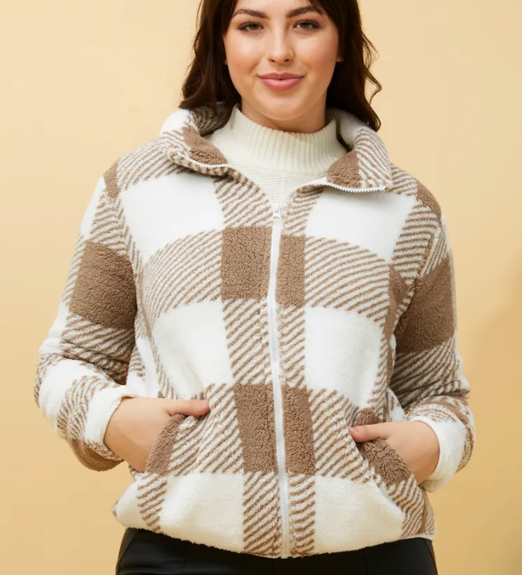 Lyn Check Teddy Fur Jacket - Mocha