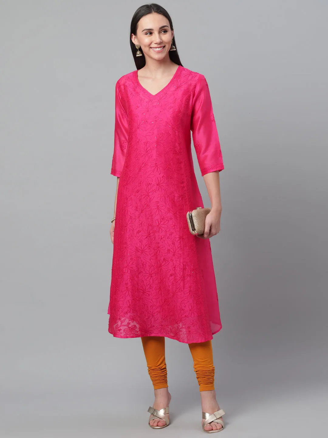Magenta Embroidered Chanderi Anarkali Kurta