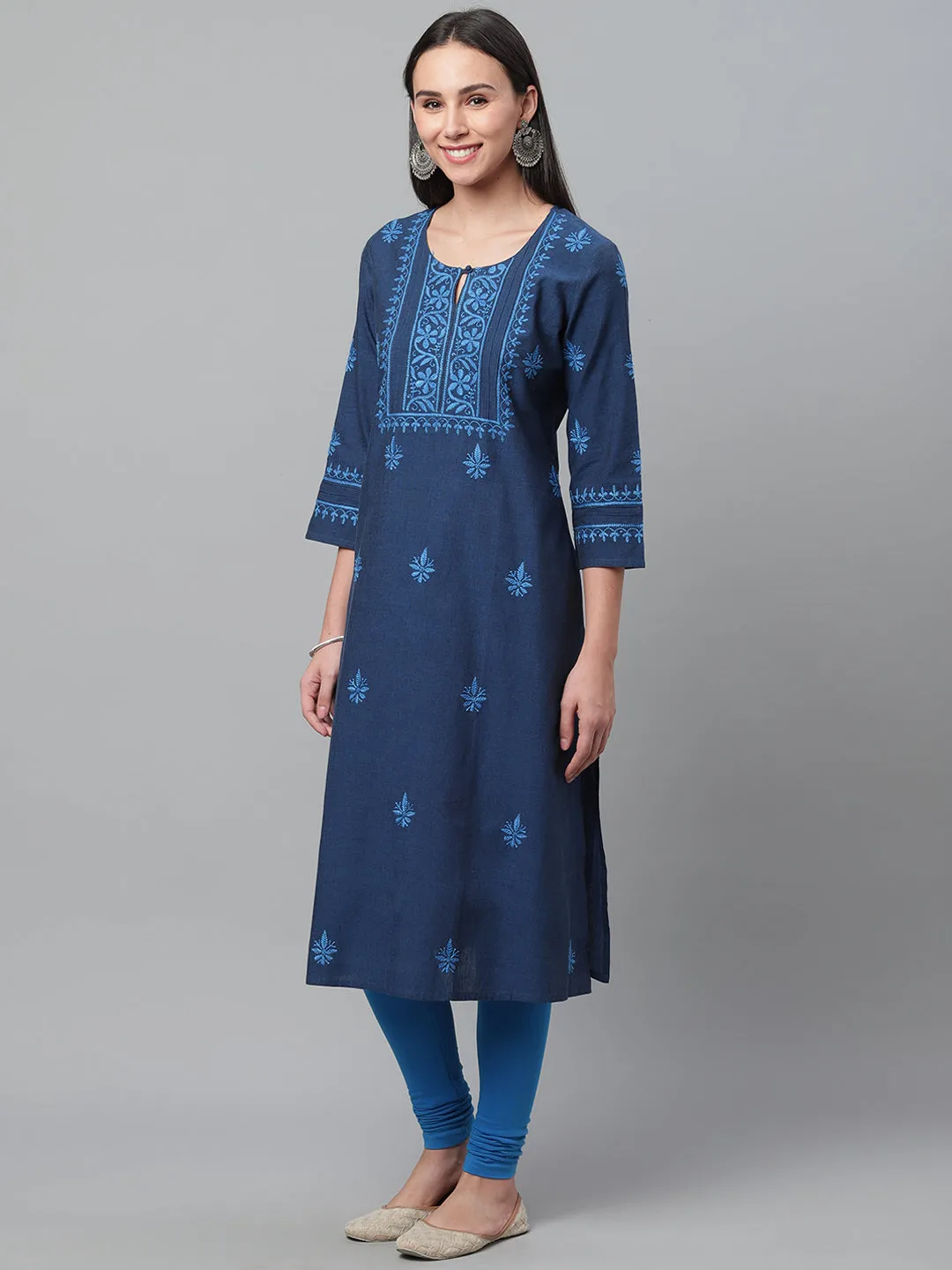 Mangalgiri Navy Blue Embroidered Kurta with Pocket