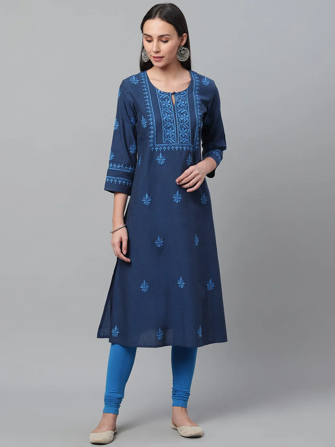 Mangalgiri Navy Blue Embroidered Kurta with Pocket