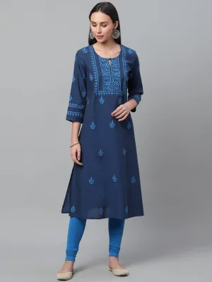 Mangalgiri Navy Blue Embroidered Kurta with Pocket