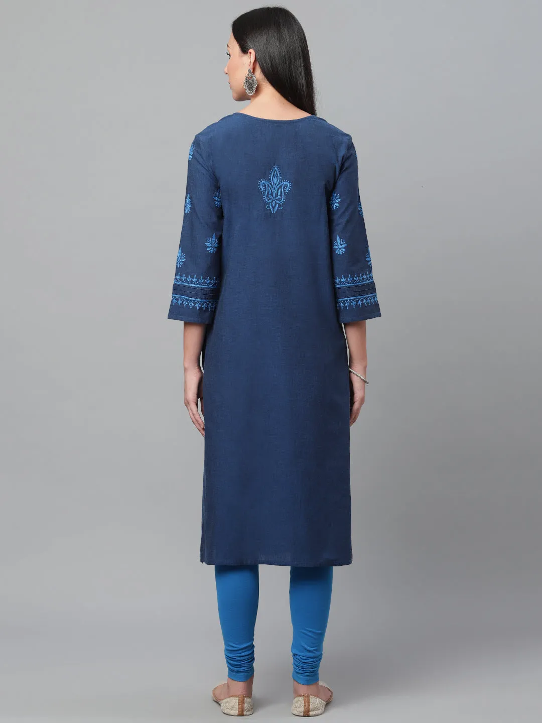 Mangalgiri Navy Blue Embroidered Kurta with Pocket