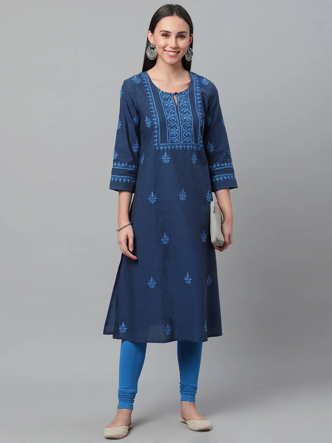 Mangalgiri Navy Blue Embroidered Kurta with Pocket